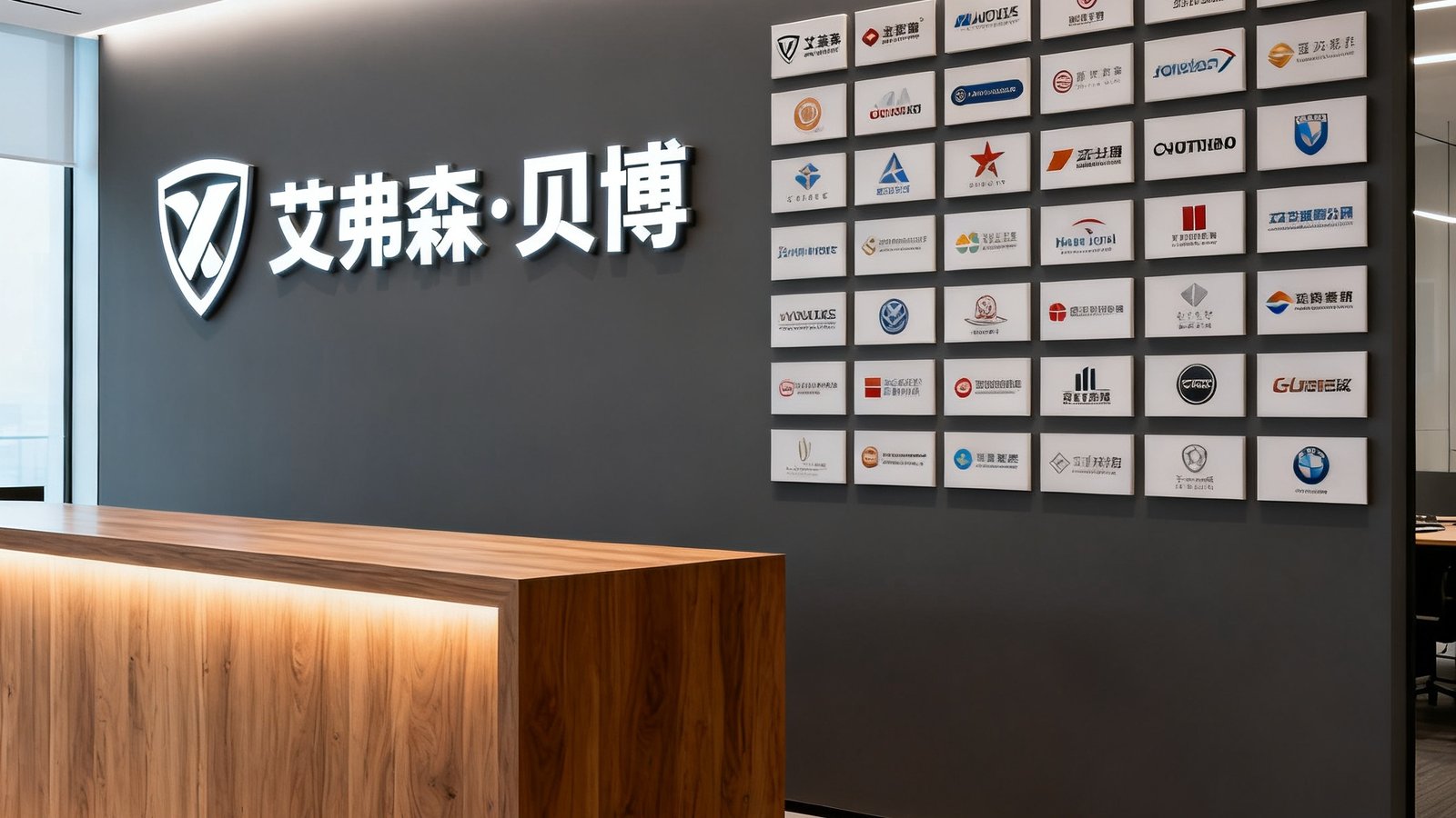 贝博上海办公室前台,背景墙展示艾弗森·贝博品牌标志与合作伙伴logo墙